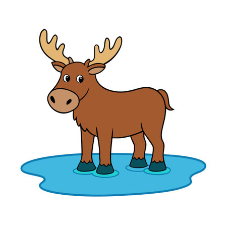 Cartoon Moose Standing in Water Puddle with Large Antlers and Friendly Expressionのイラスト素材