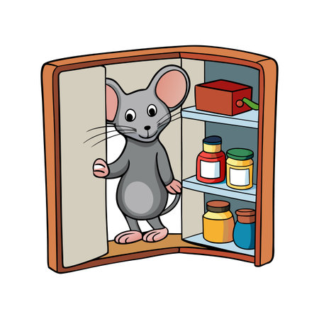 Cartoon mouse character standing in front of cupboard filled with storage jarsのイラスト素材