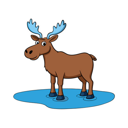 Cartoon Moose Standing in Water, Illustrated Style with Bright Colors and Thick Outlinesのイラスト素材