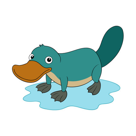 Cartoon platypus standing in water with brown beak and beaver tail illustrationのイラスト素材