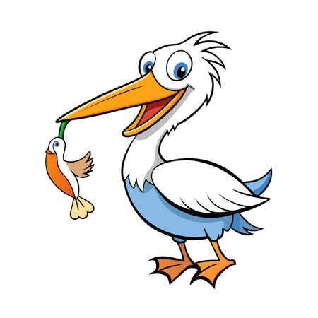 Cartoon pelican holding a small bird in its beak, isolated on whiteのイラスト素材