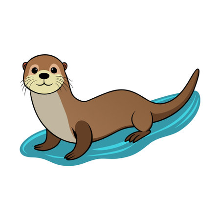 Cartoon otter standing on a blue water puddle looking at the cameraのイラスト素材