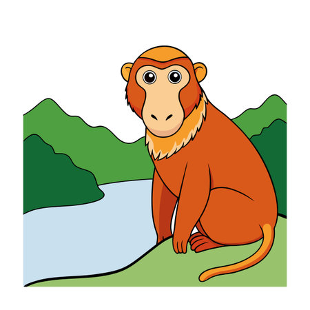 Cute monkey sitting on a hill with a scenic background illustrationのイラスト素材