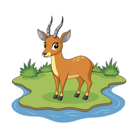 Cute cartoon antelope standing on a green island in a blue river.のイラスト素材