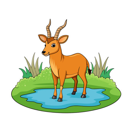 Cartoon Antelope Standing in Water, Cartoon Style Illustration, Nature Sceneのイラスト素材