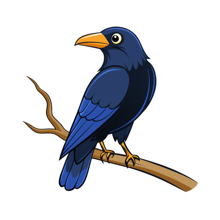 Cartoon crow illustration perched on a tree branch on a white backdrop.のイラスト素材