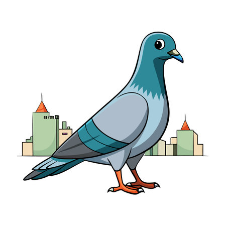 City Pigeon Cartoon: Standing Pigeon Illustration with Cartoon Buildings in the Backgroundのイラスト素材