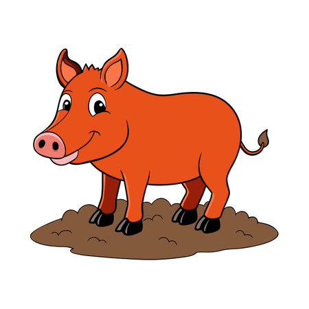 Cute cartoon ginger pig on a brown patch of dirt backgroundのイラスト素材