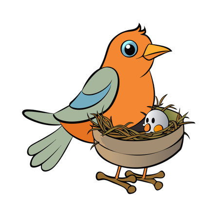 Cute cartoon bird with nest and egg, symbolizing springtime and new beginningsのイラスト素材