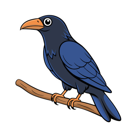 Cartoon illustration of a crow perched on a branch with clean line artのイラスト素材