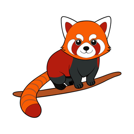 Cute cartoon red panda sitting on a branch with black outlinesのイラスト素材