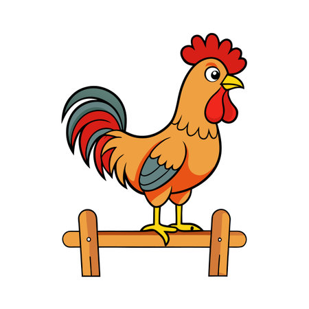 Cartoon rooster stands proudly on a wooden fence, early morning farm sceneのイラスト素材