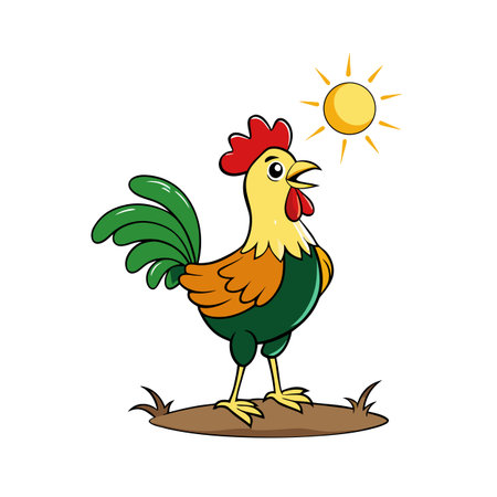Cartoon rooster crowing in the morning sun standing on dirt patchのイラスト素材