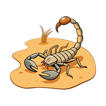 Illustration of a cartoon scorpion on sand with some dry grass elementのイラスト素材