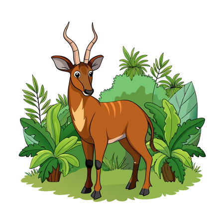 Cartoon forest scene featuring a standing antelope among dense green foliageのイラスト素材
