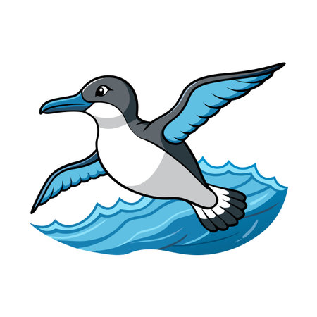 Cartoon Blue Footed Booby flying over ocean waves in a vector imageのイラスト素材
