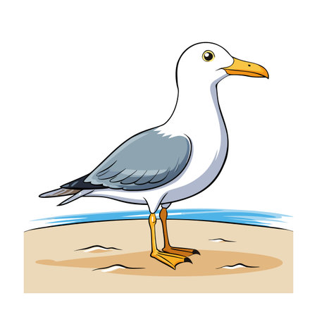 Cartoon illustration of a seagull standing on a sandy beach near waterのイラスト素材
