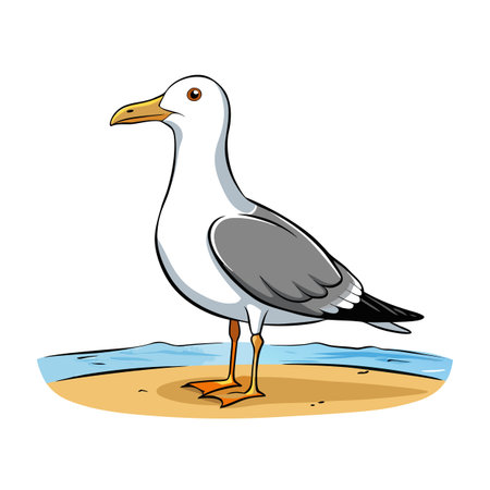 Illustration of a seagull standing on a beach near the ocean waterのイラスト素材