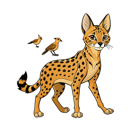 Cartoon Serval with Birds: Wildlife Illustration of Feline and Avian Companionsのイラスト素材