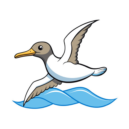 Cartoon seagull flying over blue waves, vector illustration for children's booksのイラスト素材