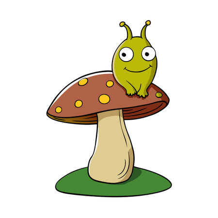 Whimsical Cartoon Alien Resting on a Brown Mushroom with Yellow Spotsのイラスト素材