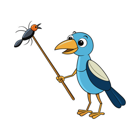Cartoon bluebird presenting bug on a stick isolated against white backdropのイラスト素材
