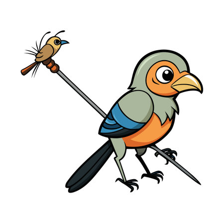 Two cartoon birds: One perched, one on a stick, vibrant illustration.のイラスト素材
