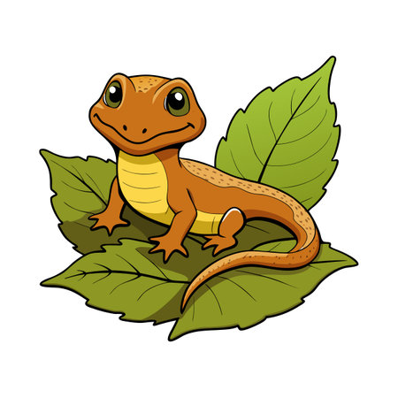 Cartoon newt or salamander sitting on a cluster of green leaves illustrationのイラスト素材