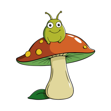Cute Cartoon Green Bug Sitting on Top of a Red Mushroom Illustrationのイラスト素材