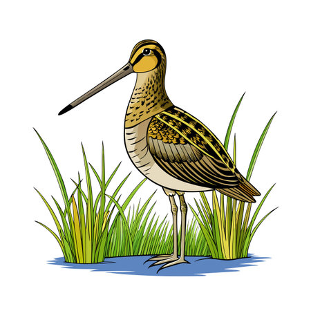 Vector illustration of a snipe standing amongst marsh grass on a plain backdropのイラスト素材