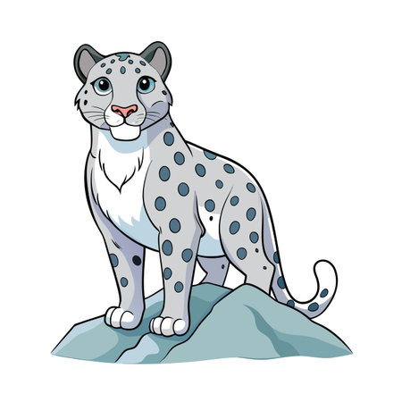 Cartoon Snow Leopard on Rock: Cute, Playful, and Ready for Adventureのイラスト素材
