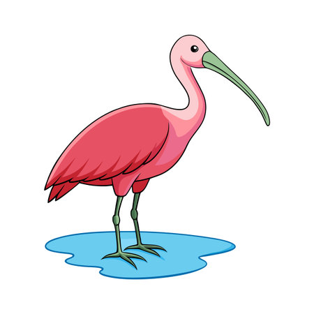 Illustration of Scarlet Ibis standing in shallow water with cartoon styleのイラスト素材