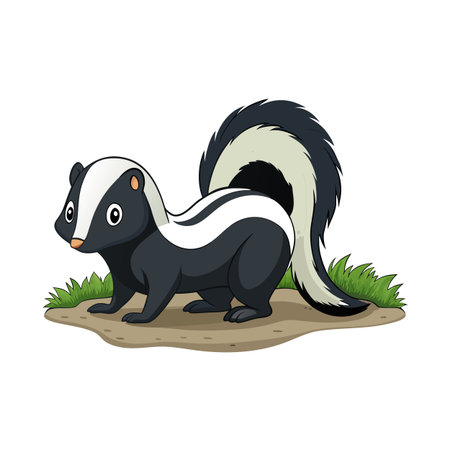 Cute cartoon skunk standing on dirt with grass, white background, vector illustrationのイラスト素材