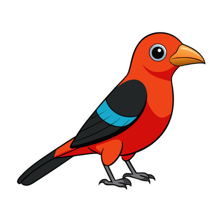 Cartoon Scarlet Tanager illustration in vibrant colors with bold outline on white backgroundのイラスト素材