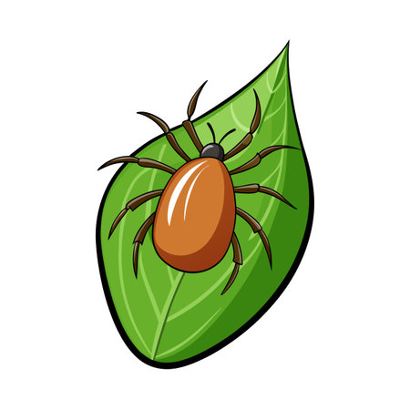 Cartoon tick on green leaf vector illustration for environmental or educational usageのイラスト素材