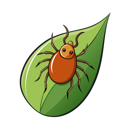 Cartoon tick on a green leaf illustration against a white backgroundのイラスト素材