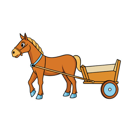 Cartoon horse pulling a wooden cart illustration on white backgroundのイラスト素材