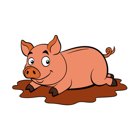 Cartoon pink pig lying down in mud puddle with a cheerful expressionのイラスト素材