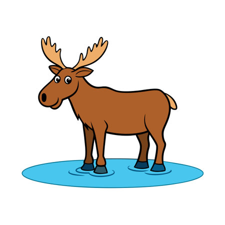 Cartoon Moose Standing in Water Puddle on White Background Vector Illustrationのイラスト素材