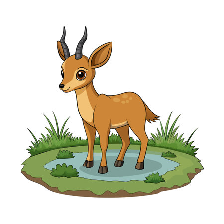 Cartoon Antelope Standing in Small Pond with Grass on Surrounding Patchのイラスト素材
