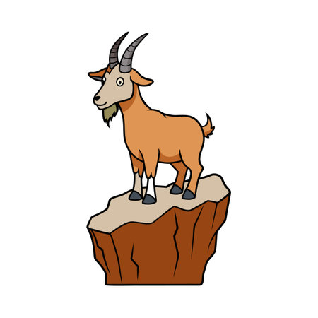 Cartoon goat standing proudly atop a rocky mountain peak illustrationのイラスト素材