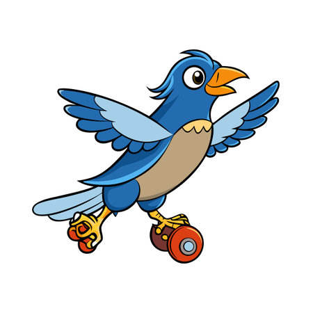 Cartoon bluebird with roller skates flying isolated on a clean white backgroundのイラスト素材