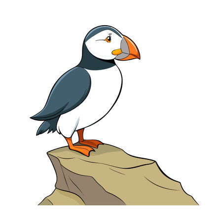 Cartoon Atlantic Puffin standing on a rocky outcropping against a white backgroundのイラスト素材