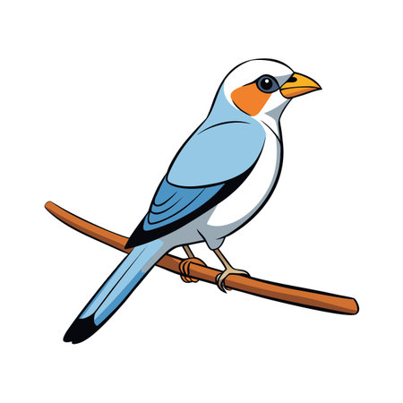 Blue and white bird perched on brown branch, vector illustration, white backgroundのイラスト素材