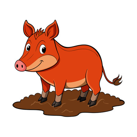 Cute cartoon red river hog standing in brown mud puddle illustrationのイラスト素材
