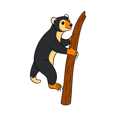 Cartoon sun bear climbing a brown tree trunk on white background illustrationのイラスト素材