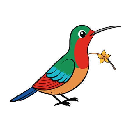 Colorful cartoon hummingbird holding a flower on a white background illustrationのイラスト素材