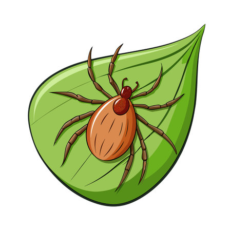 Illustration of a brown tick on a green leaf with cartoon styleのイラスト素材