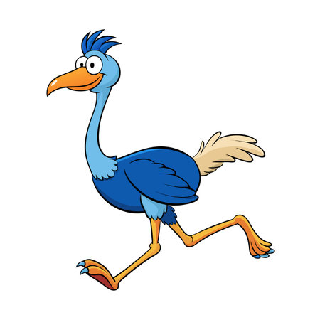 Cartoon Running Bird Illustration: Blue Ostrich in Motion on White Backgroundのイラスト素材
