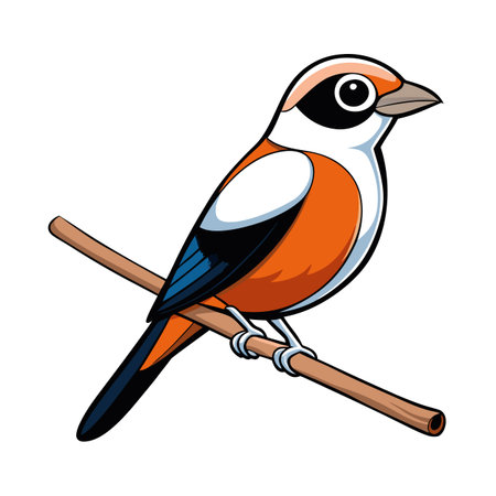 Cartoon illustration of a colorful bird perched on a branch, isolated on whiteのイラスト素材